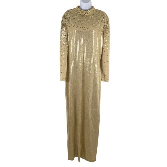 St. John Couture Maxi Dress Size 14‎ Gold Sequins Paillettes Long Sleeve DR-1223 - Picture 1 of 14